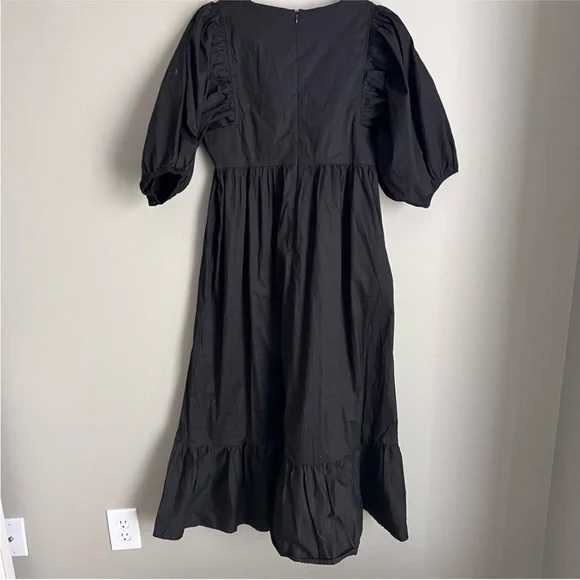 Karlie V Neck Black Maxi Dress Puff Sleeve Pockets Wedding LBD Tiered - Picture 2 of 5